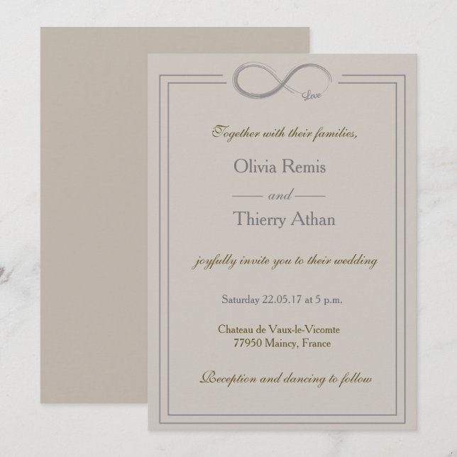 Invitación Signo infinito tipo único boda gris dorado (Anverso / Reverso)