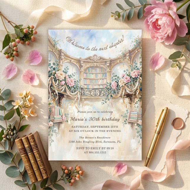 Invitación Siguiente Capítulo Cumpleaños Romántico Floral de  (Next Chapter Romantic Floral Vintage Library Womens Birthday Party)