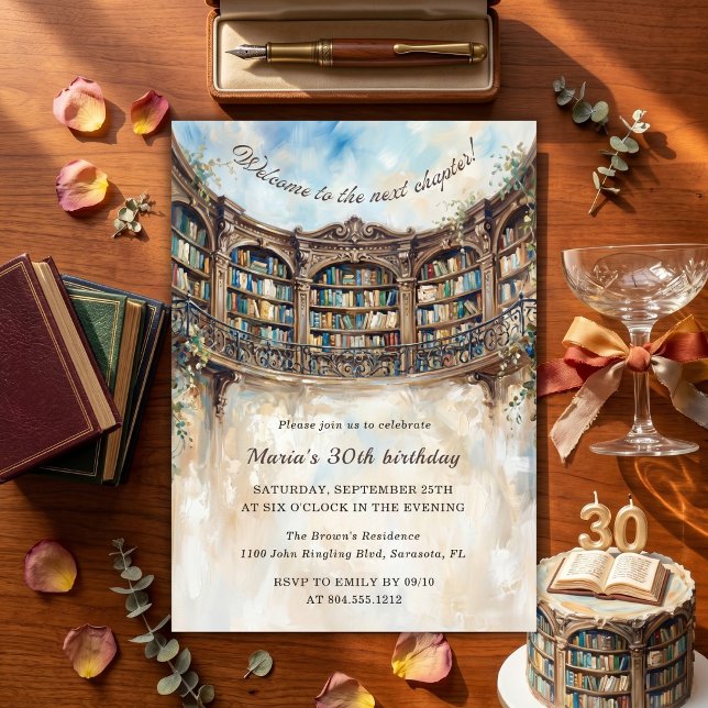 Invitación Siguiente Capítulo Tema de Cumpleaños de Libro de  (Next Chapter Vintage Grand Library Book Theme Birthday Party)