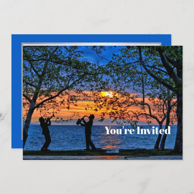 Invitación Silhouette Birthday, músicos del atardecer costero (Anverso / Reverso)