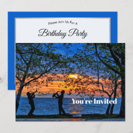 Invitación Silhouette Birthday, músicos del atardecer costero