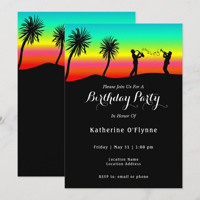 Invitación Silhouette Birthday, músicos tropicales del atarde (Anverso / Reverso)