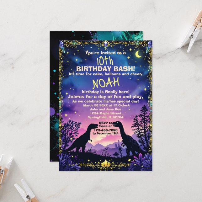 Invitación Silhouette de dino con tema de dinosaurios nocturn (Anverso/Reverso In Situ)