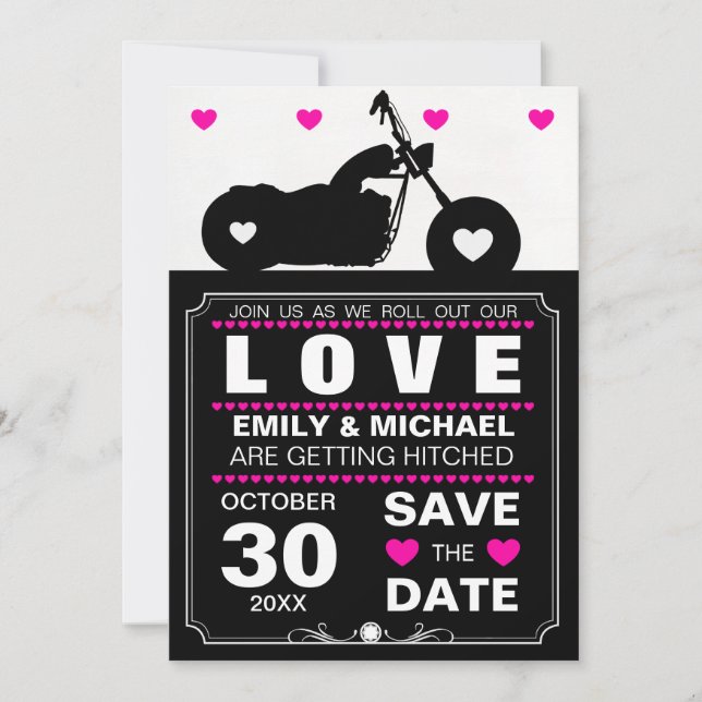 Invitación Silhouette de moto blanca y negra salva la fecha (Anverso)