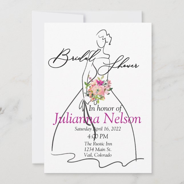 Invitación Silhouette de novia y ducha de novia floral rosa (Anverso)
