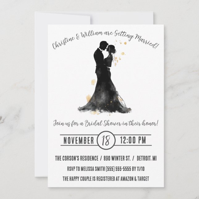 Invitación Silhouette de Novia y Goom, ducha de novia monocro (Anverso)