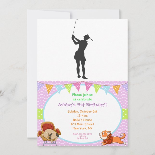 Invitación Silhouette de una mujer jugando al golf (Anverso)