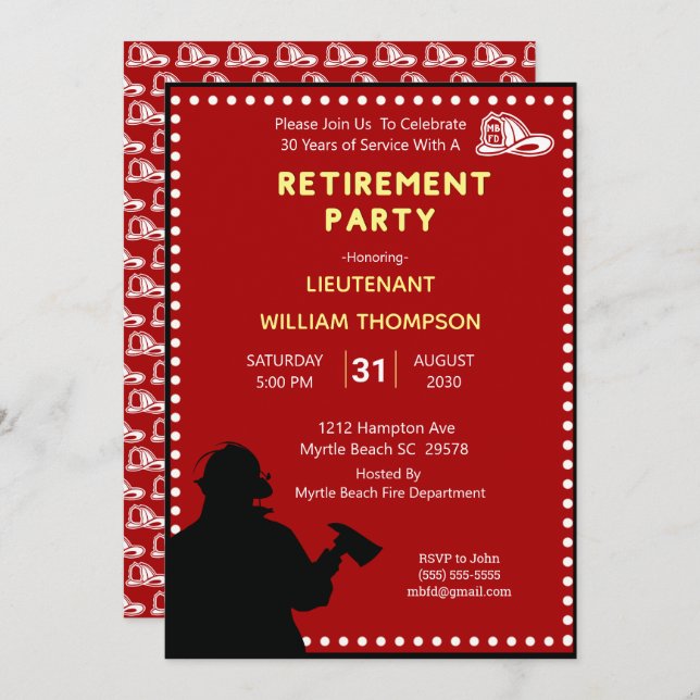 Invitación Silhouette Fireman/Fire Chief Retirement Fiesta (Anverso / Reverso)