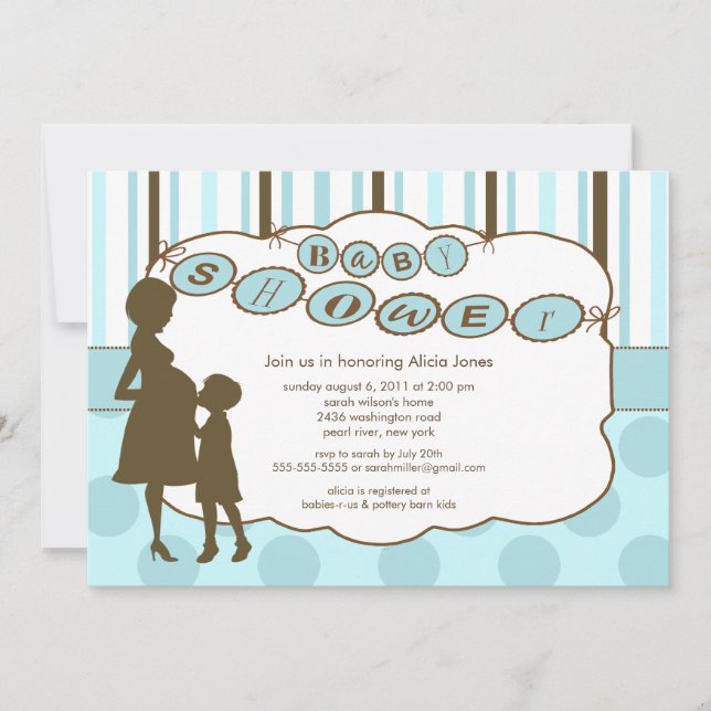 Invitación Silhouette Mamá Baby Shower bebé azul (Anverso)