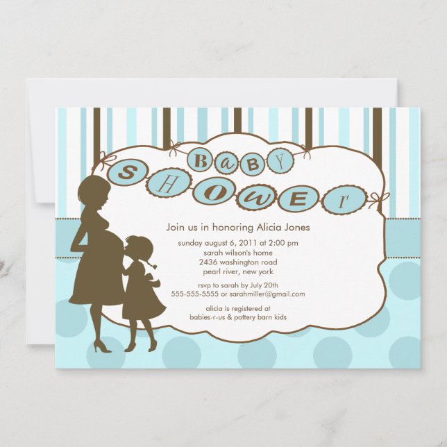Invitación Silhouette Mamá Baby Shower bebé Blue Brown (Anverso)