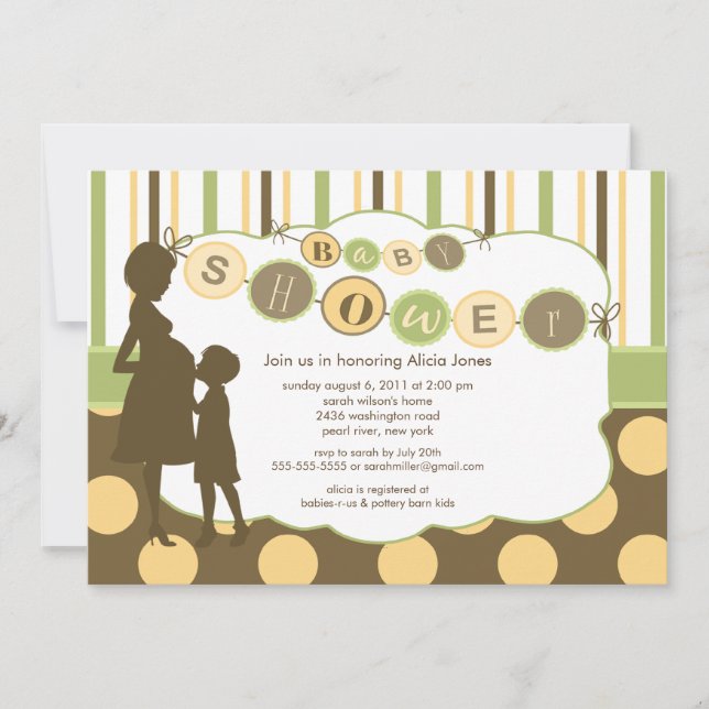 Invitación Silhouette Mamá Baby Shower bebé verde marrón (Anverso)