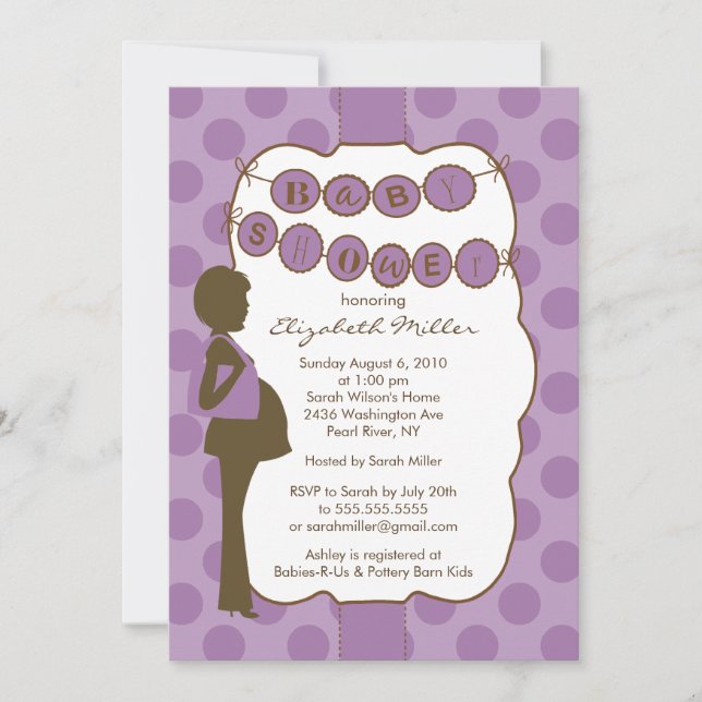 Invitación Silhouette Mamá Baby Shower Chica Purple Brown (Anverso)