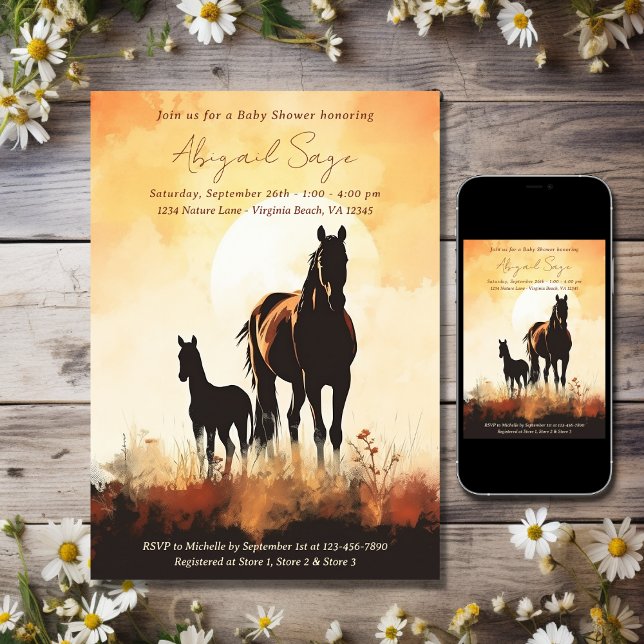 Invitación Silhouette Mare y Foal Sunset Horse Baby Shower (Printed and Digital - Silhouette Mare and Foal Sunset Horse Baby Shower Invitation)