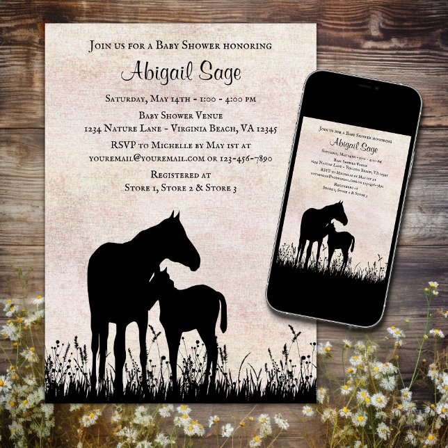 Invitación Silhouette Mare y Fool Horse Baby Shower (Printed and Digital - Pretty Silhouette Mare and Foal Horse Baby Shower Invitation)