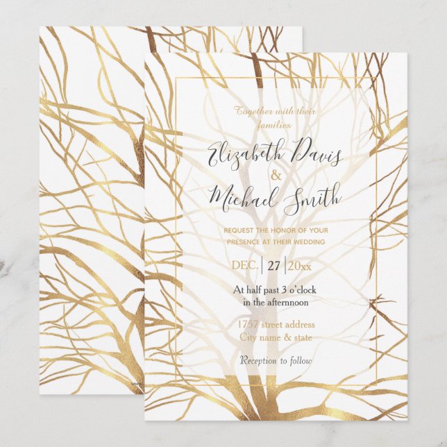 Invitación Silhouette moderna de árbol de oro Diseño blanco m (Anverso / Reverso)