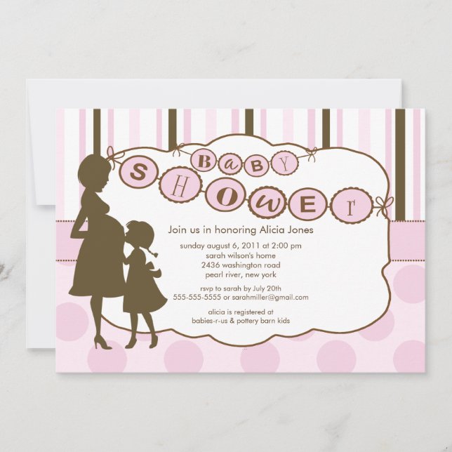 Invitación Silhouette Mom Baby Shower Baby Girl Rosa (Anverso)