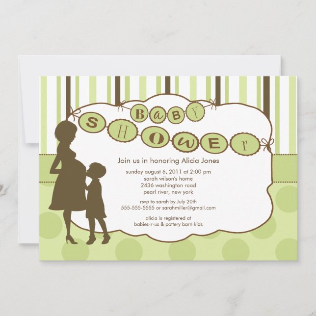 Invitación Silhouette Mom Baby Shower Género Neutral Verde (Anverso)
