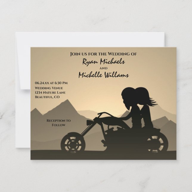 Invitación Silhouette Motorcycle Couple Mountain Boda (Anverso)