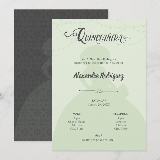 Invitación Silhouette Quinceanera Charro de color verde y ace (Anverso / Reverso)