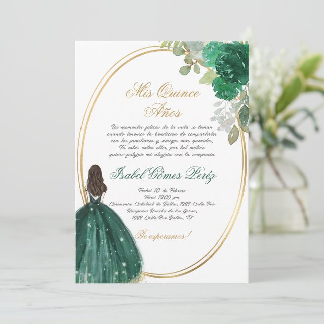 Invitación Silhouette Quinceanera verde esmeralda (Anverso de pie)