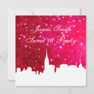Invitación Silhouette Skyline de NYC Ht Pink Red Heart Sweet 