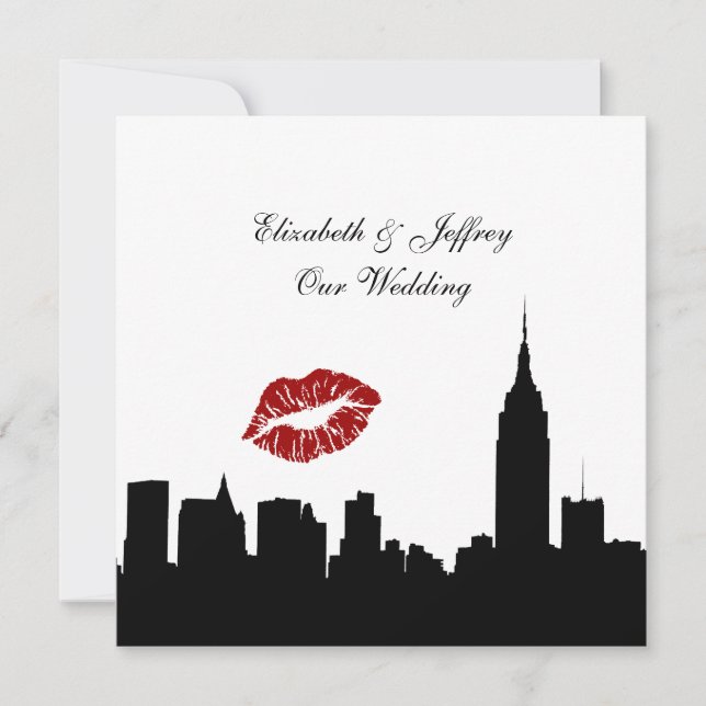 Invitación Silhouette Skyline de NYC, Kiss ESB #1 BW Boda SQ (Anverso)