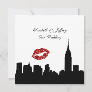 Invitación Silhouette Skyline de NYC, Kiss ESB #1 BW Boda SQ