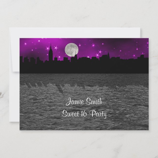 Invitación Silhouette Skyline de NYC Moon Purple Sweet 16 (Anverso)