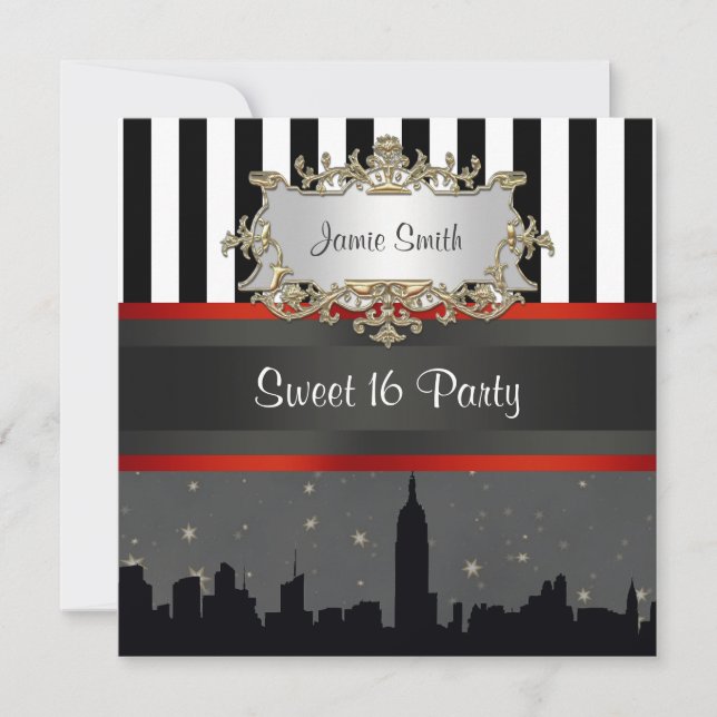 Invitación Silhouette Skyline NYC Blk Wht Stripe Sweet 16 (Anverso)