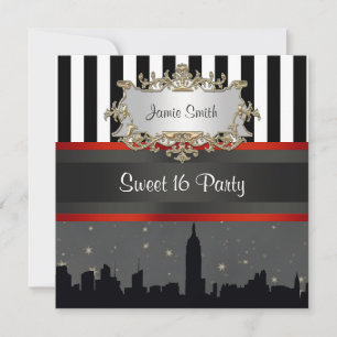 Invitación Silhouette Skyline NYC Blk Wht Stripe Sweet 16