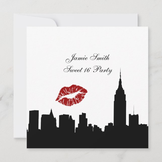 Invitación Silhouette Skyline NYC, Kiss ESB #1 BW dulce 16 SQ (Anverso)