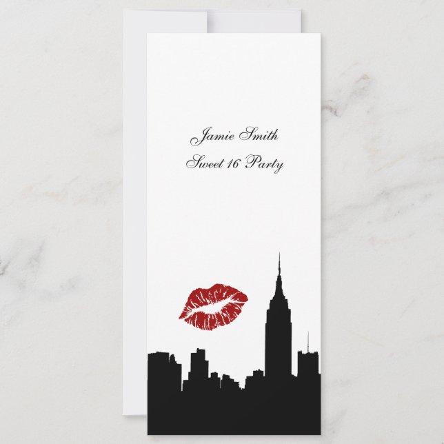 Invitación Silhouette Skyline NYC, Kiss ESB #1 BW dulce 16 VV (Anverso)