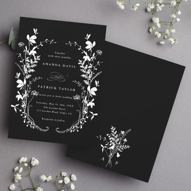 Invitación Silhouette Wildflower Wreath Boda Black (Front & Back)