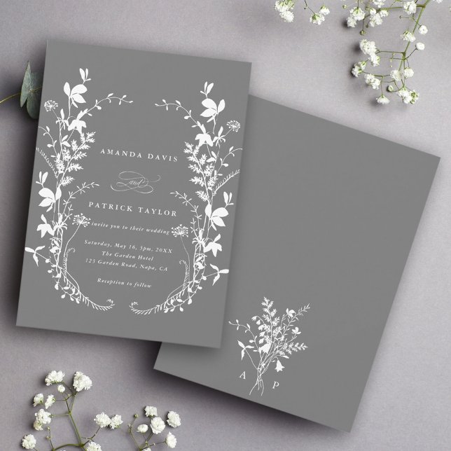 Invitación Silhouette Wildflower Wreath Boda Gray (Front & Back)