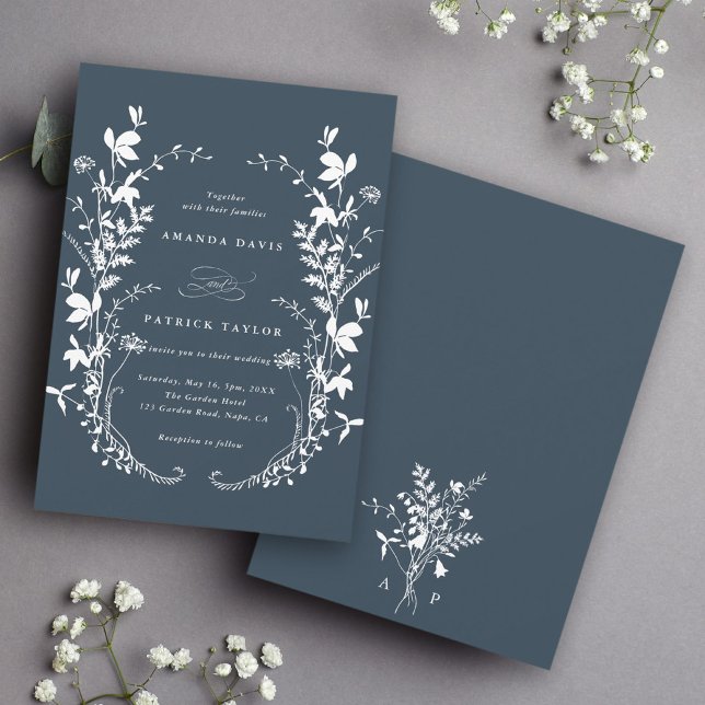 Invitación Silhouette Wildflower Wreath Boda Navy Blue (Front & Back)