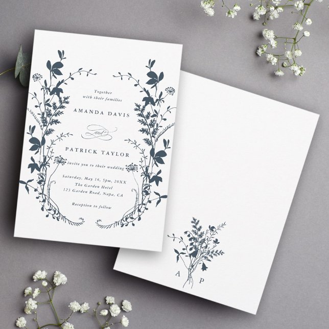 Invitación Silhouette Wildflower Wreath Boda Navy Blue (Front & Back)