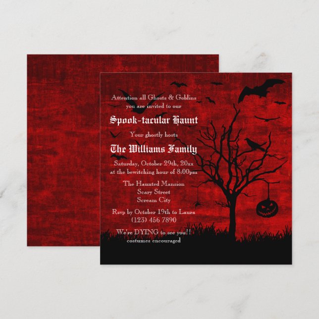 Invitación Silhouettes espeluznante Halloween Rojo Grungy (Anverso / Reverso)