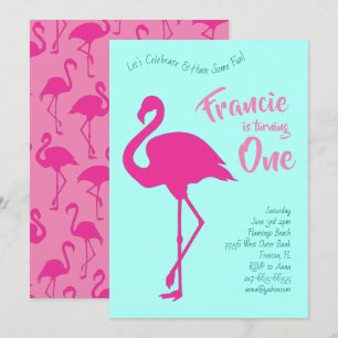 Invitación Silhouettes Flamingo Tropical 1er Cumpleaños Cute