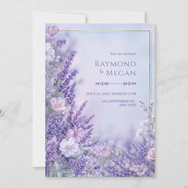 Invitación Silk Blossom Romantic Lavender Gold Frame Wedding (Anverso)
