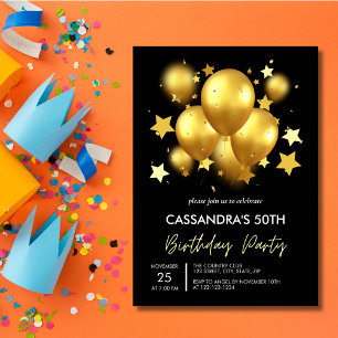 Invitación Silky Golden Balloons Stars Black Birday