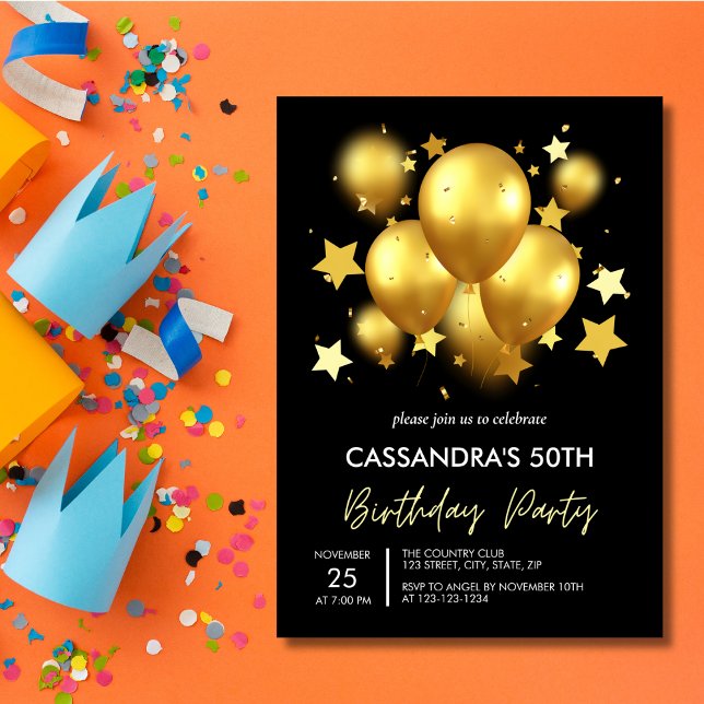 Invitación Silky Golden Balloons Stars Black Birday (Subido por el creador)