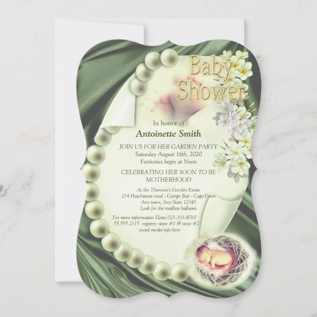 Invitación Silky GREEN Pearl Baby Shower (Anverso)