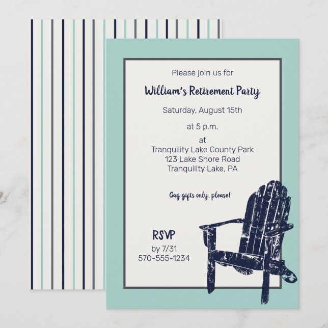 Invitación Silla Adirondack Azul Marino para Fiesta de Jubila (Anverso / Reverso)