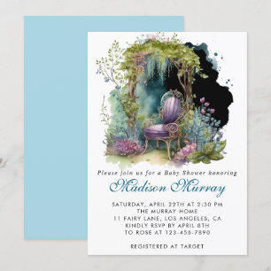 Invitación Silla de jardín floral azul y púrpura chic Baby Sh