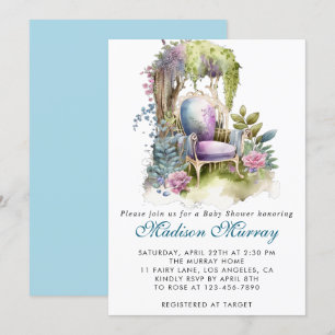 Invitación Silla de jardín floral azul y púrpura chic Baby Sh