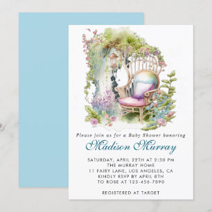 Invitación Silla de jardín floral azul y verde chic Baby Show