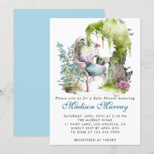 Invitación Silla de jardín floral azul y verde chic Baby Show