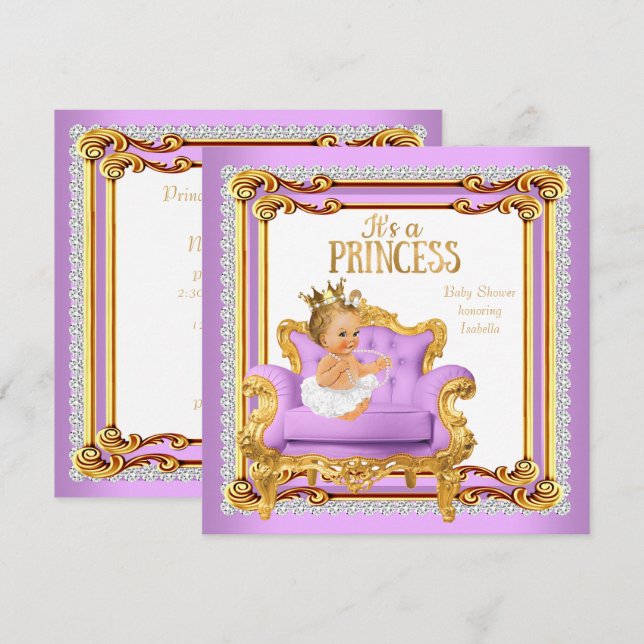 Invitación Silla de lluvia de bebé princesa lila rosa dorado  (Anverso / Reverso)