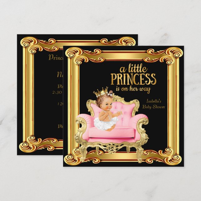 Invitación Silla de lluvia de bebé princesa negro rosa dorado (Anverso / Reverso)