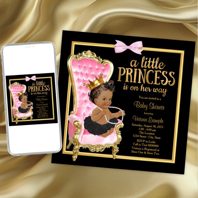 Invitación Silla de oro negro rosa Fiesta de bebé princesa ét (Pink princess baby shower invitation. Instant download and printed invitations available.)